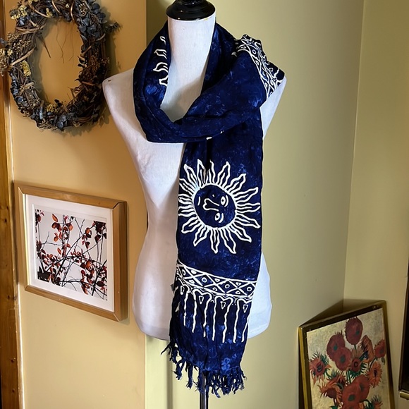 Vtg SUNGOD Size XL OSFA Sun Print Tie-Dye Blue Background Scarf Wrap Sarong NEW - Picture 3 of 15